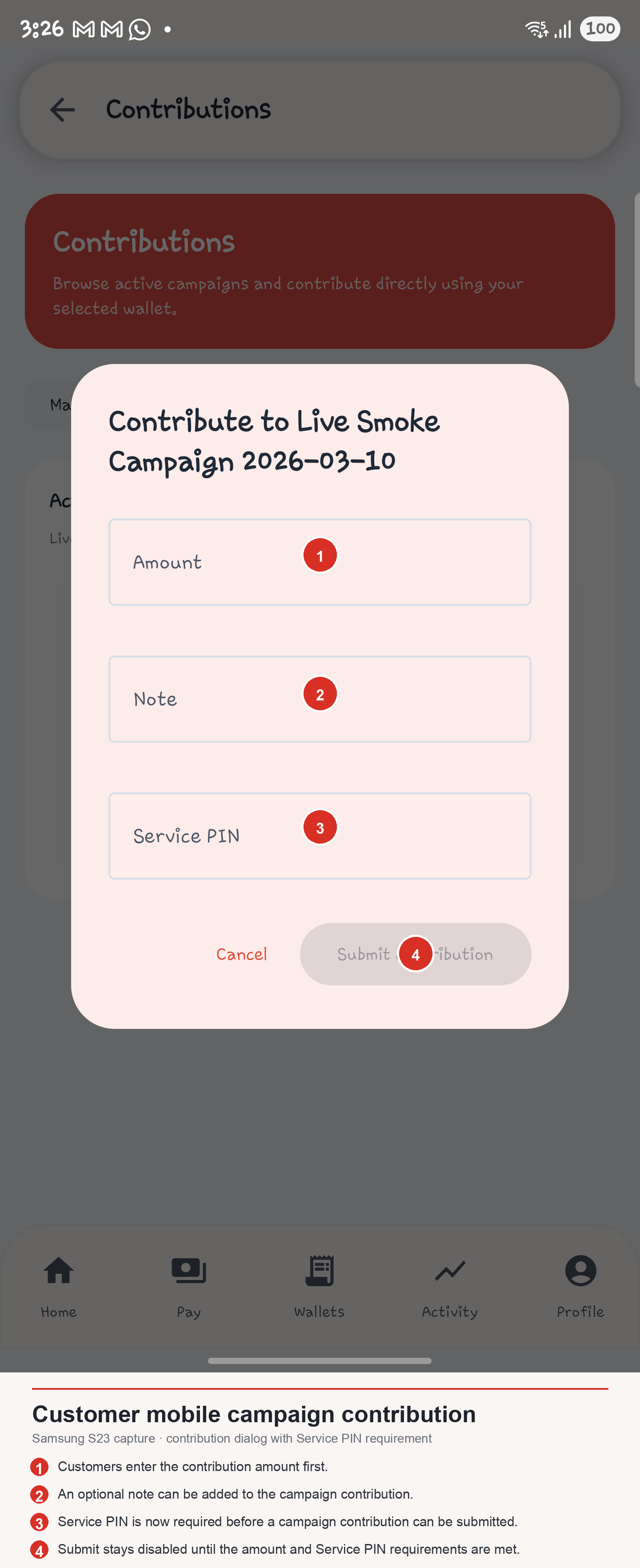 Customer mobile contribution dialog