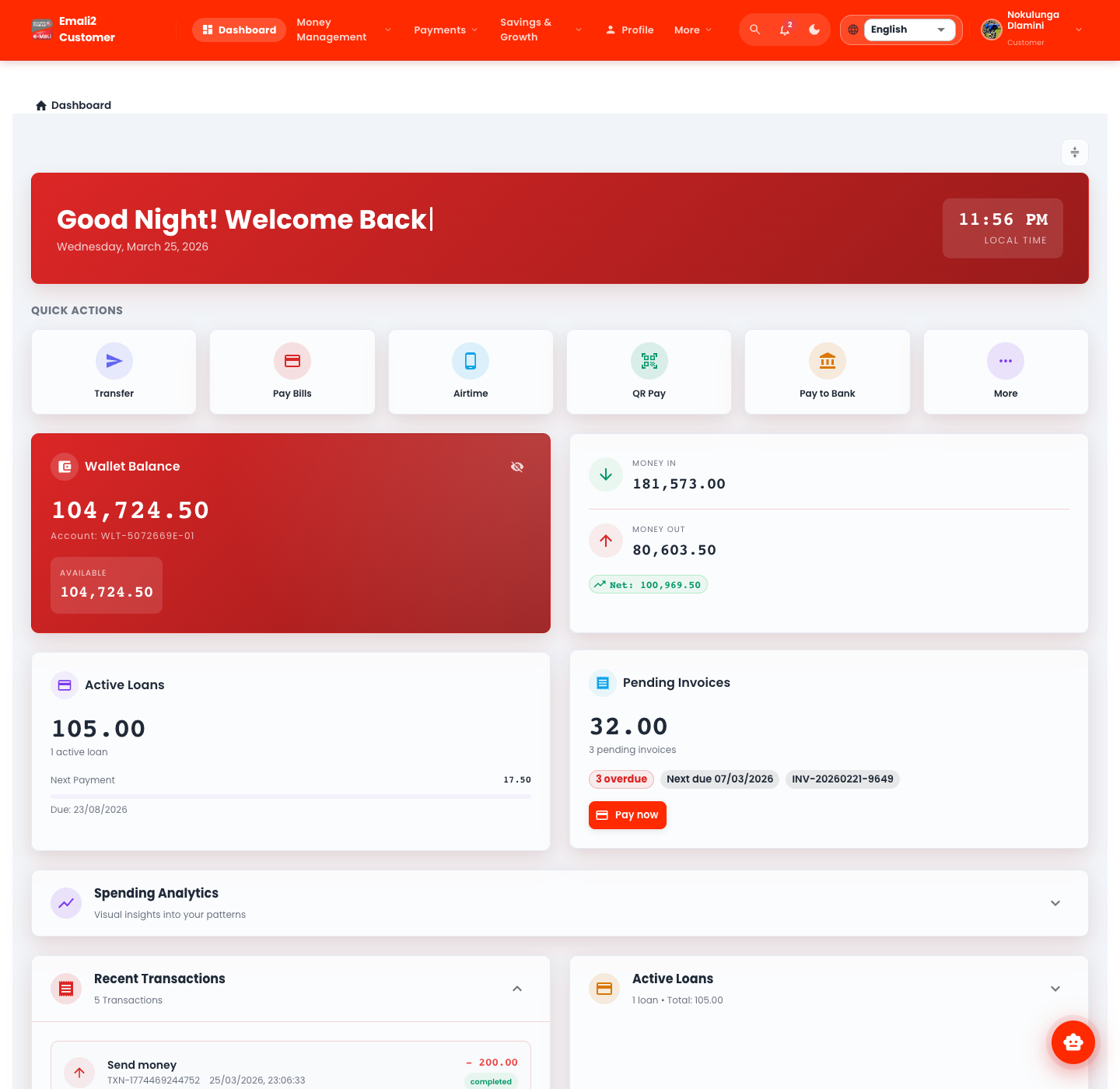 Customer dashboard